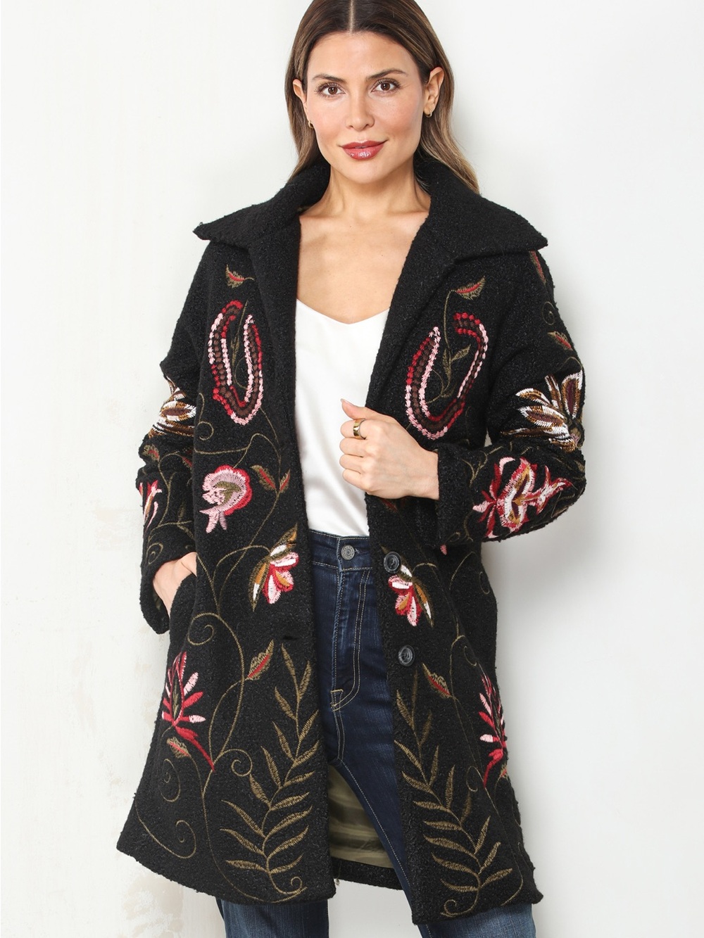 Black Boucle Embroidered Floral Long Coat